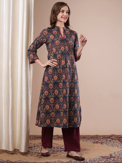 Ethnic Floral Printed A-Line Kurta - Blue