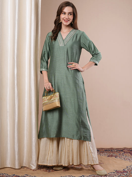 Solid Mirror Work Embroidered Straight Fit Kurta - Green