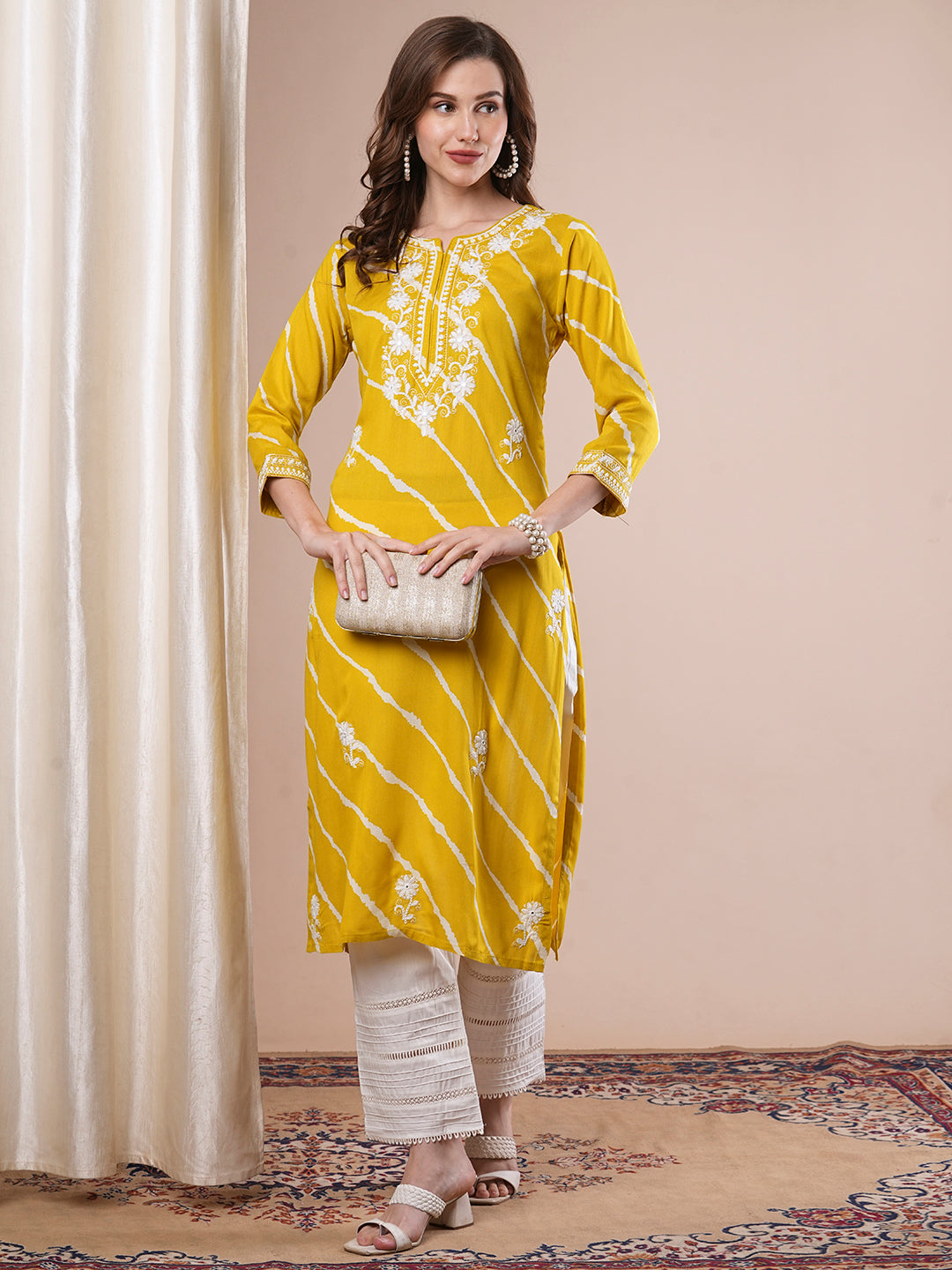 Floral Chikankari Embroidered & Leheriya Printed Straight Fit Kurta - Mustard