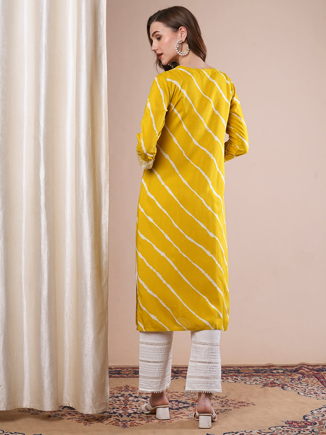 Floral Chikankari Embroidered & Leheriya Printed Straight Fit Kurta - Mustard