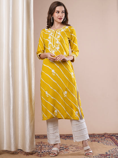 Floral Chikankari Embroidered & Leheriya Printed Straight Fit Kurta - Mustard