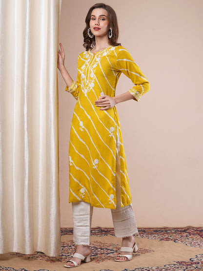 Floral Chikankari Embroidered & Leheriya Printed Straight Fit Kurta - Mustard