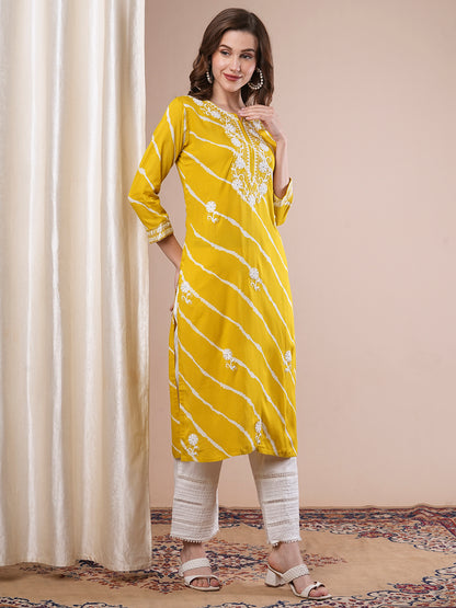 Floral Chikankari Embroidered & Leheriya Printed Straight Fit Kurta - Mustard