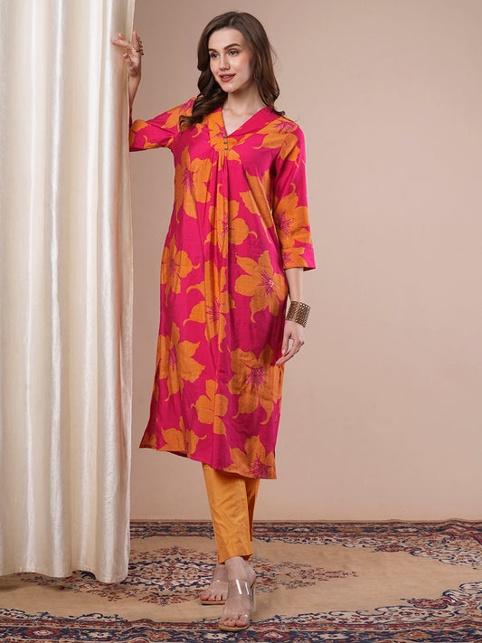 Abstract Floral Printed Straight Fit Kurta - Magenta