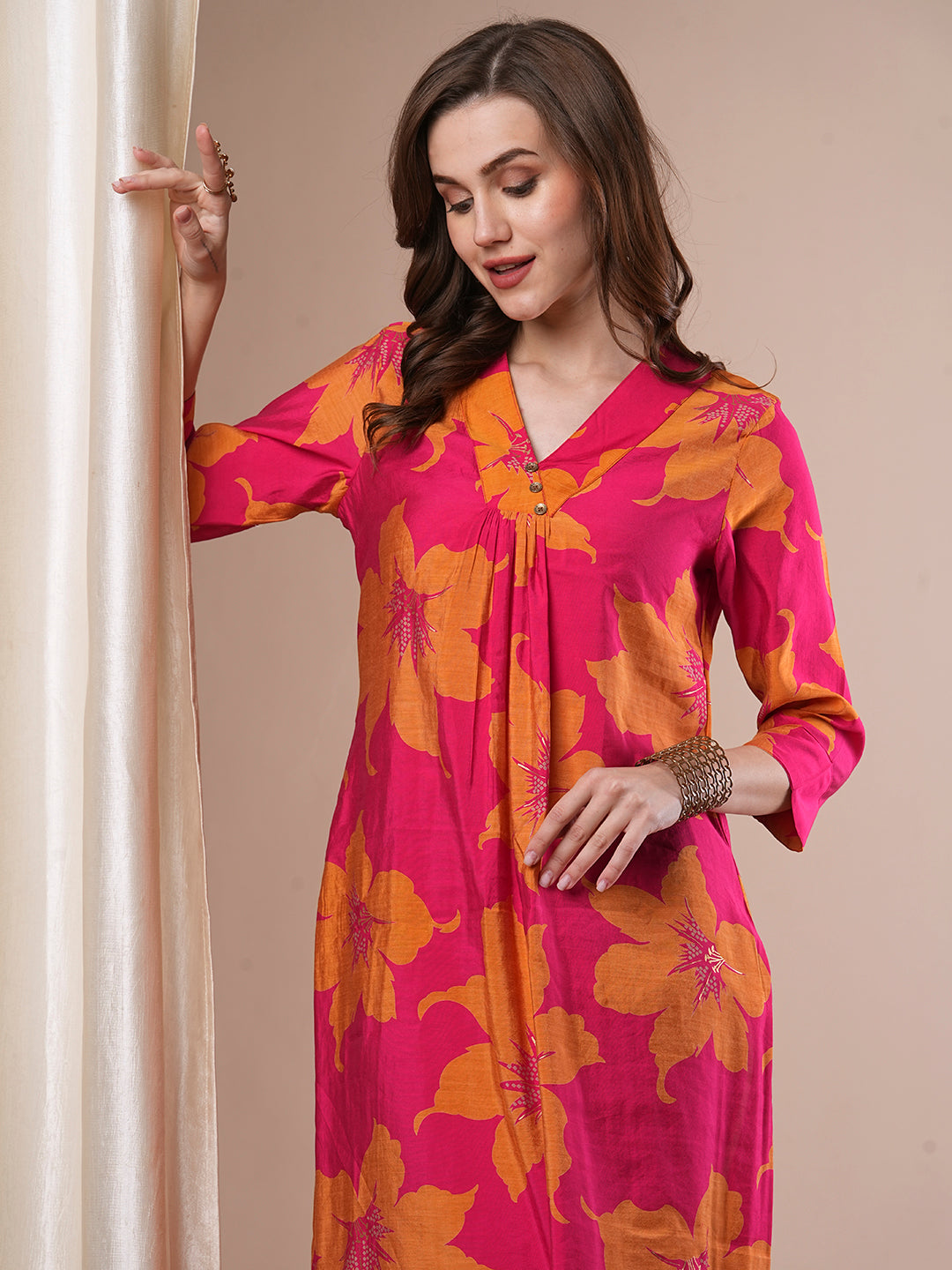 Abstract Floral Printed Straight Fit Kurta - Magenta