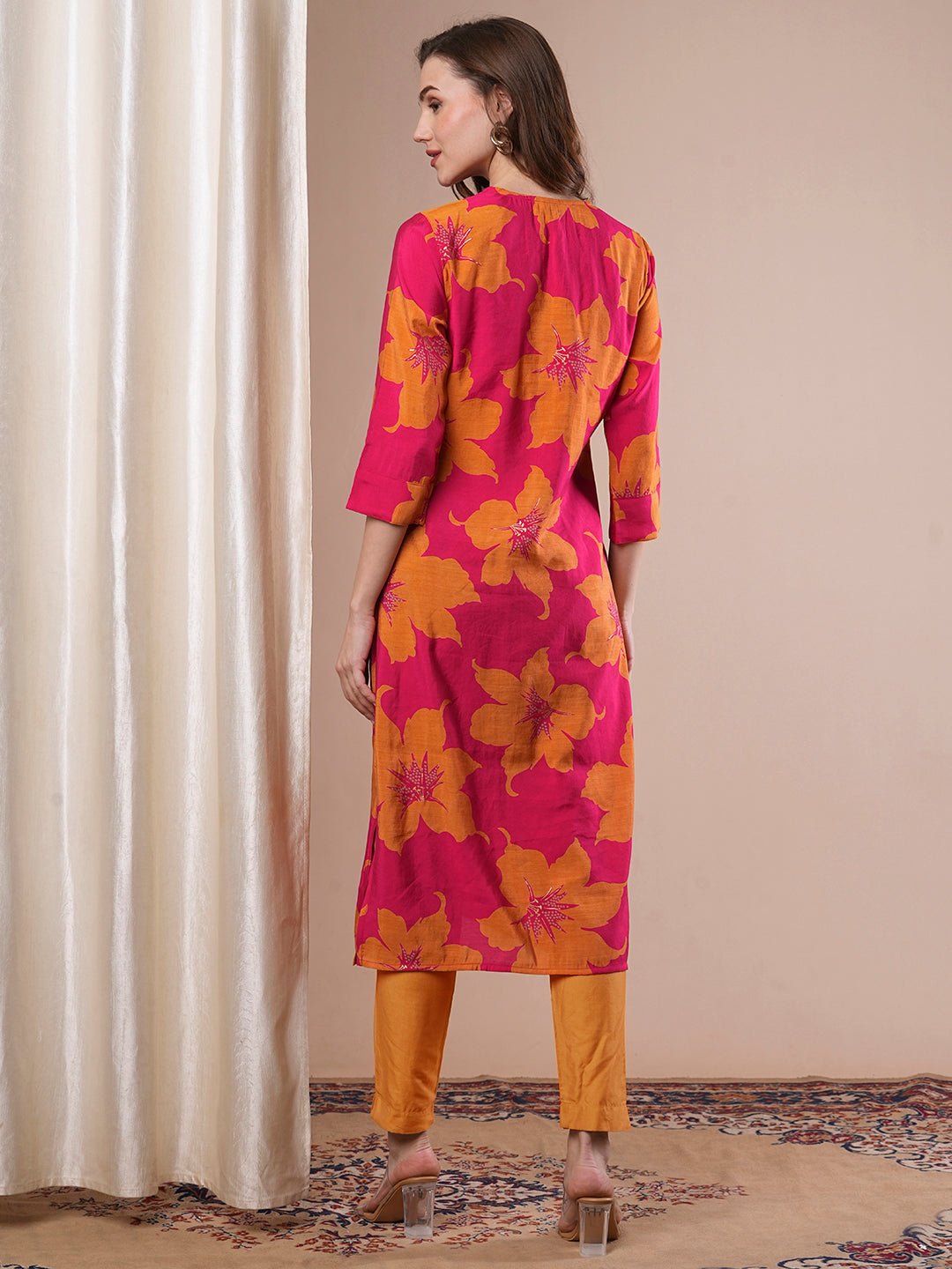 Abstract Floral Printed Straight Fit Kurta - Magenta