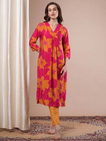 Abstract Floral Printed Straight Fit Kurta - Magenta