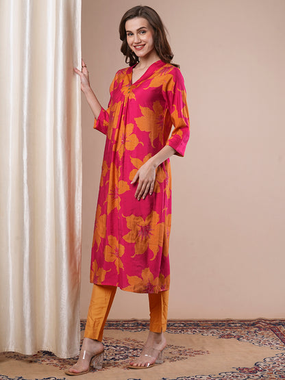 Abstract Floral Printed Straight Fit Kurta - Magenta