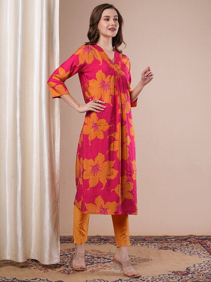 Abstract Floral Printed Straight Fit Kurta - Magenta