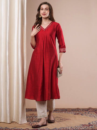 Solid Ethnic Embroidered A-Line Flared Kurta - Red