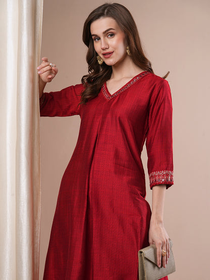 Solid Ethnic Embroidered A-Line Flared Kurta - Red