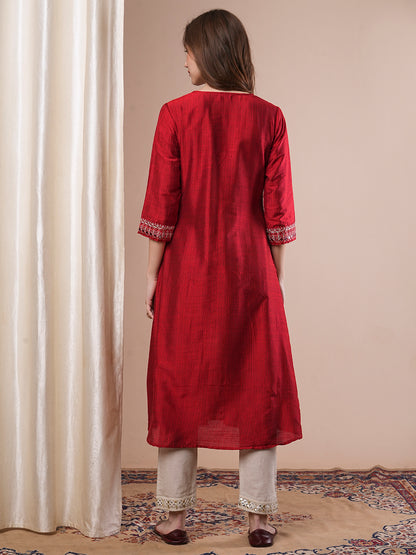 Solid Ethnic Embroidered A-Line Flared Kurta - Red