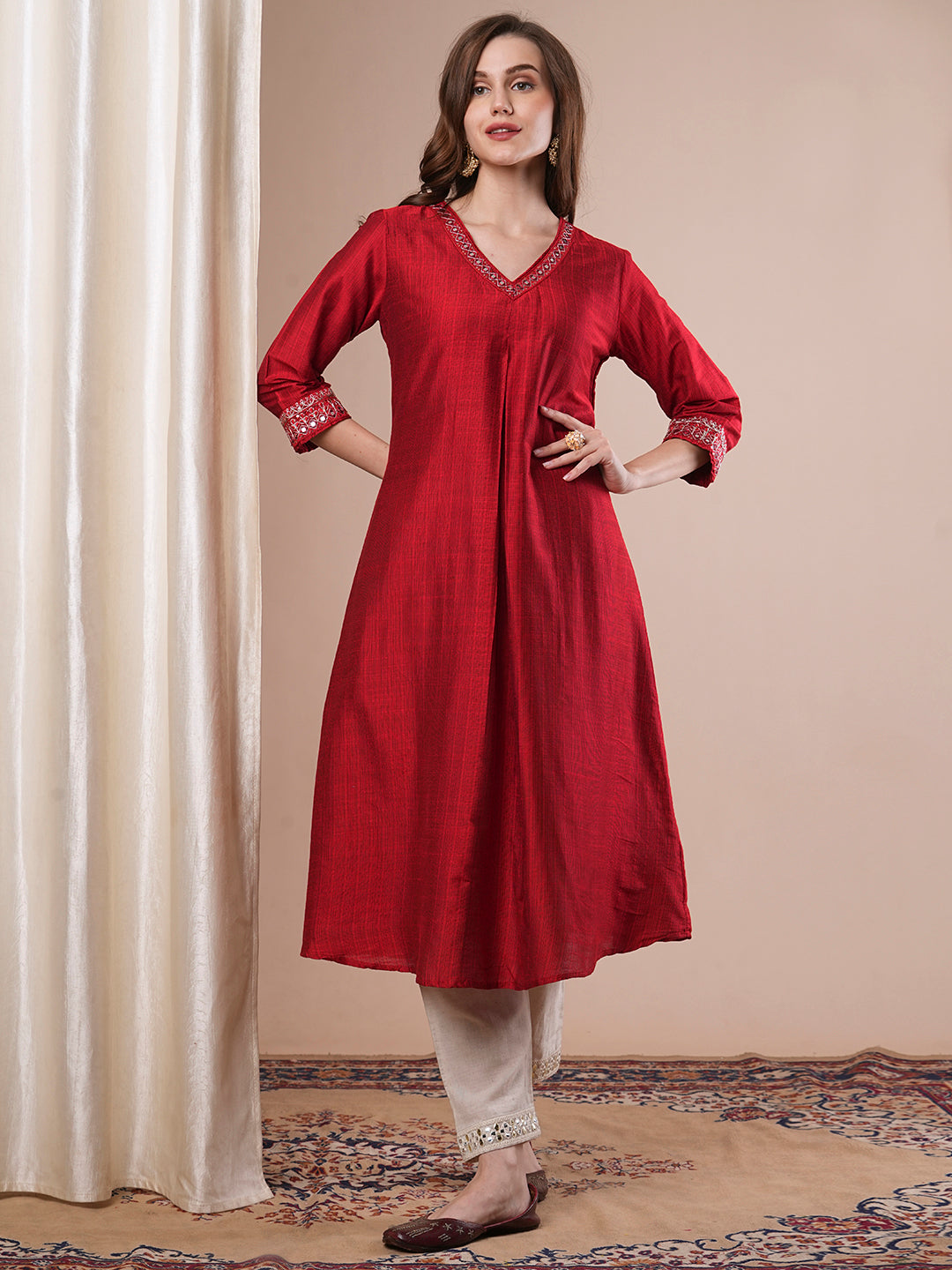 Solid Ethnic Embroidered A-Line Flared Kurta - Red