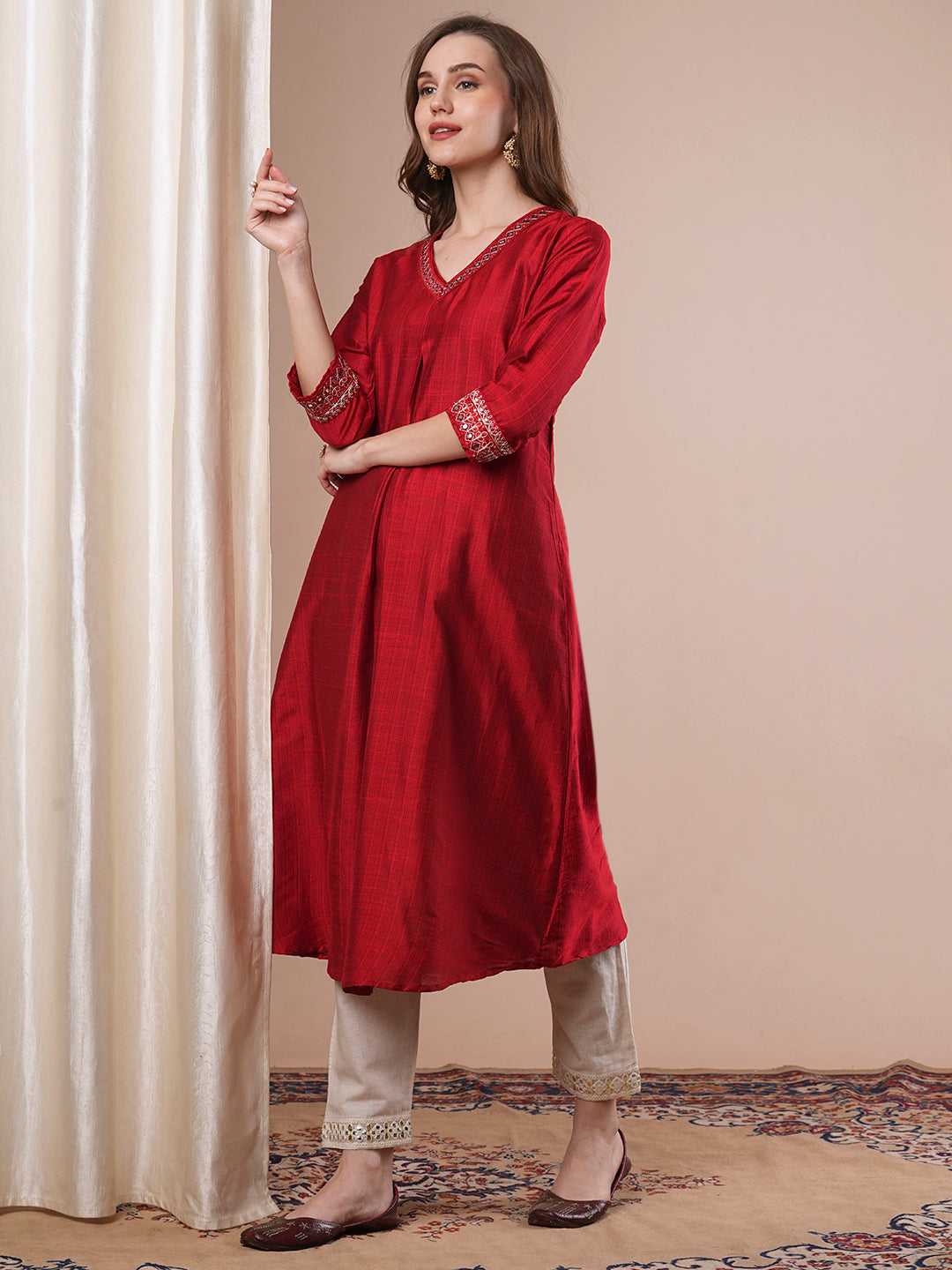 Solid Ethnic Embroidered A-Line Flared Kurta - Red