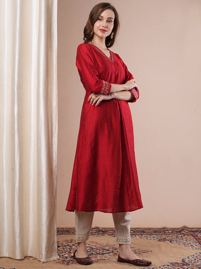 Solid Ethnic Embroidered A-Line Flared Kurta - Red