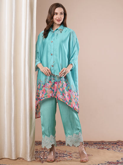 Solid Floral Printed Kaftan Kurta with Palazzo - Turquoise Blue