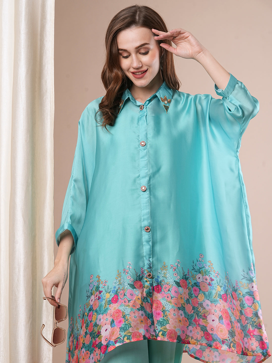 Solid Floral Printed Kaftan Kurta with Palazzo - Turquoise Blue