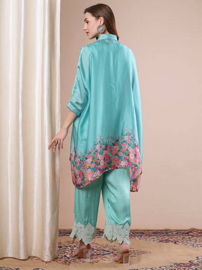 Solid Floral Printed Kaftan Kurta with Palazzo - Turquoise Blue