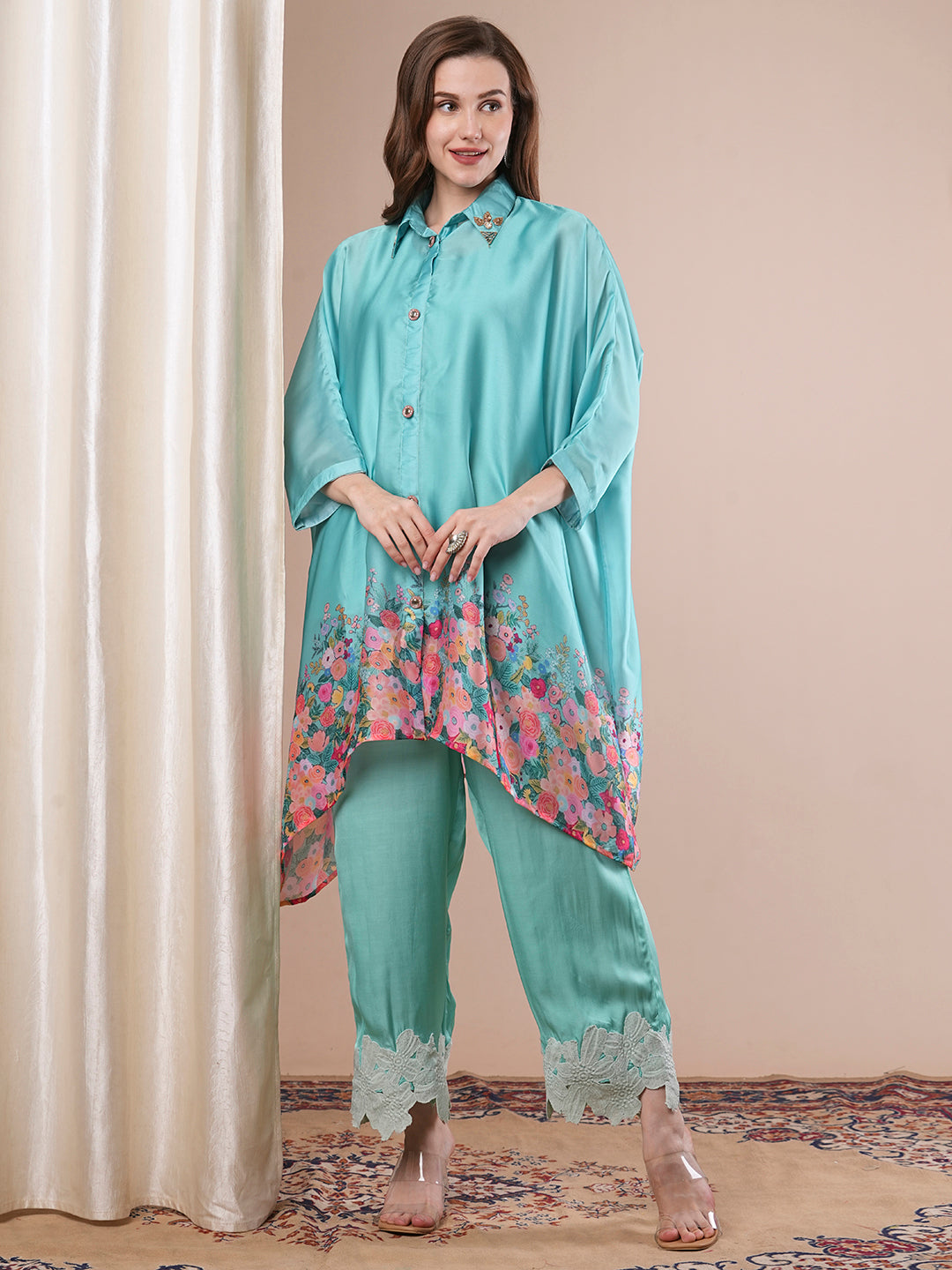 Solid Floral Printed Kaftan Kurta with Palazzo - Turquoise Blue