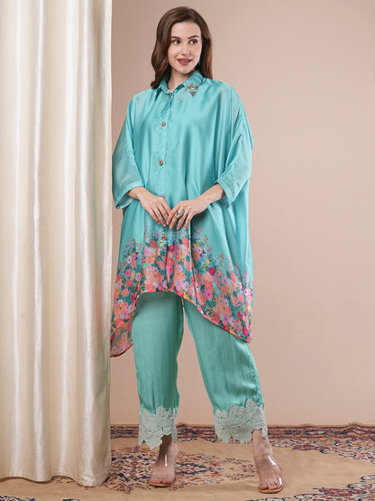 Solid Floral Printed Kaftan Kurta with Palazzo - Turquoise Blue