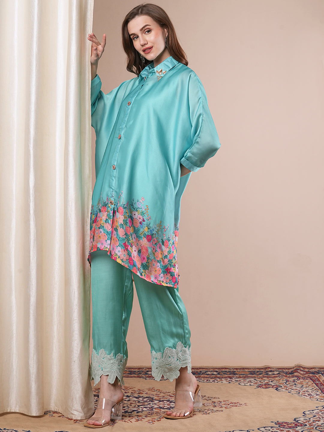 Solid Floral Printed Kaftan Kurta with Palazzo - Turquoise Blue