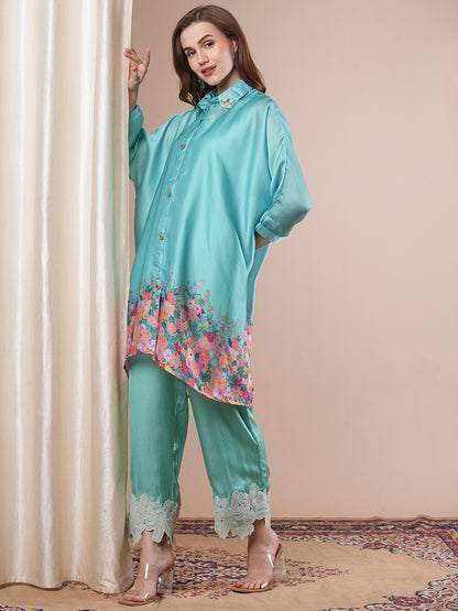 Solid Floral Printed Kaftan Kurta with Palazzo - Turquoise Blue