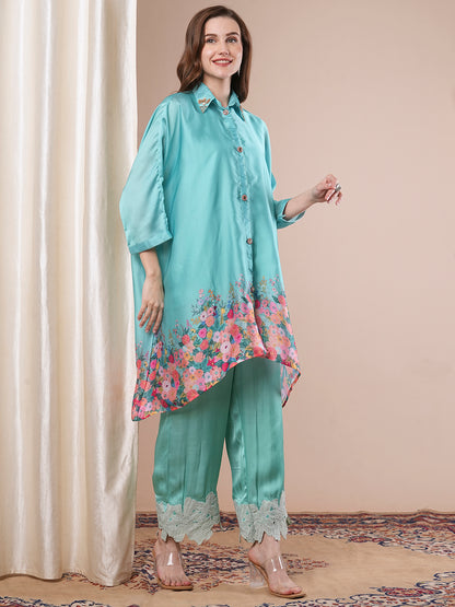 Solid Floral Printed Kaftan Kurta with Palazzo - Turquoise Blue