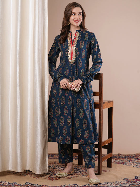 Ethnic Floral Printed Embroidered A-Line Paneled Kurta with Pant - Blue