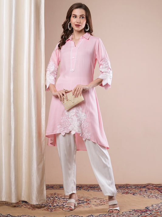 Solid Floral Embroidered A-Line Kurta with Pant - Pink