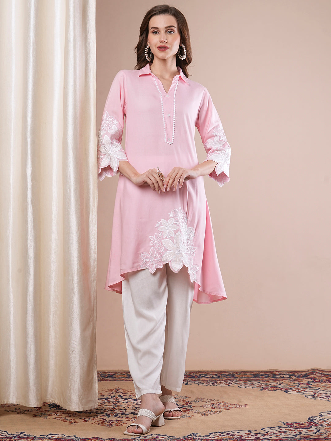 Solid Floral Embroidered A-Line Kurta with Pant - Pink