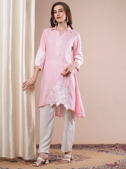 Solid Floral Embroidered A-Line Kurta with Pant - Pink