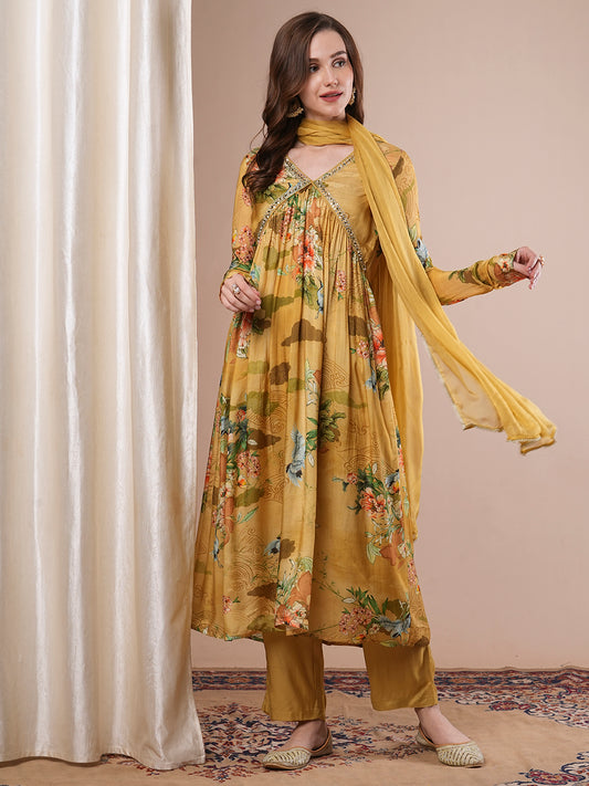 Floral Printed Mirror & Beads Embroidered Pleated Kurta with Pants & Dupatta - Mustard