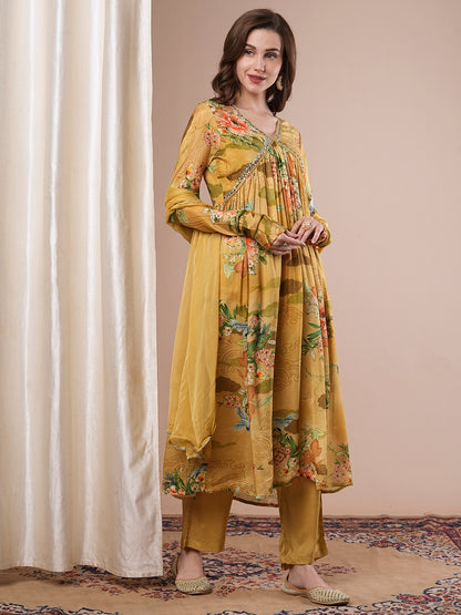 Floral Printed Mirror & Beads Embroidered Pleated Kurta with Pants & Dupatta - Mustard