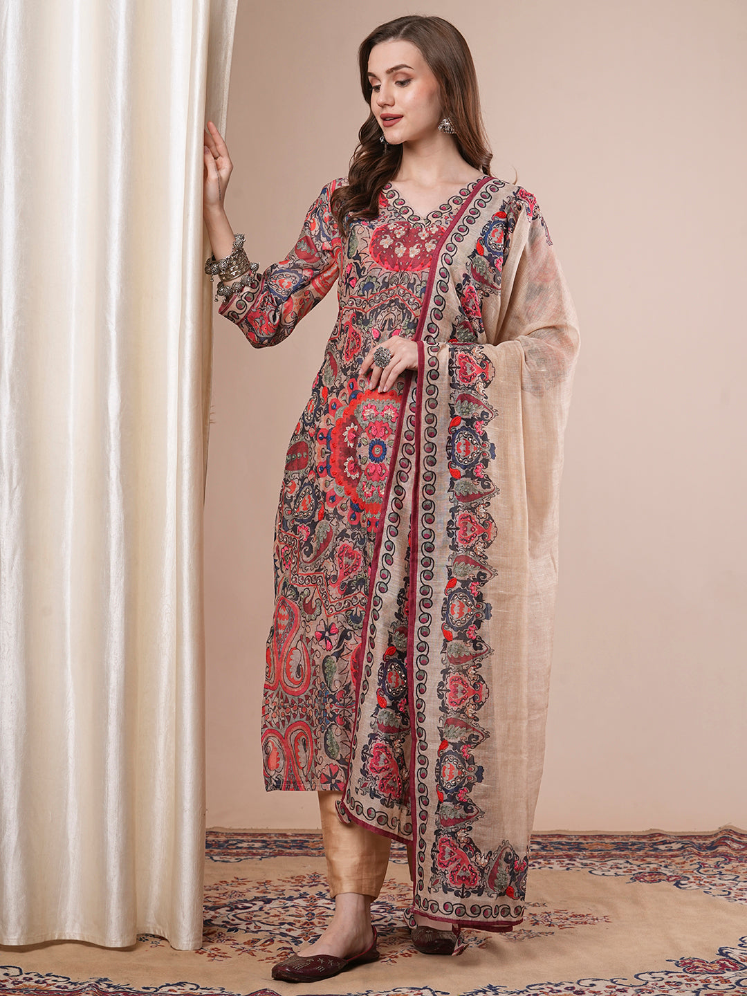 Floral Printed & Embroidered Straight Kurta with Pant & Dupatta - Multi