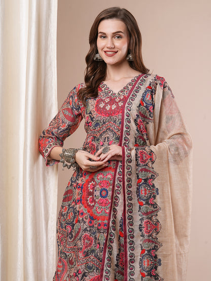 Floral Printed & Embroidered Straight Kurta with Pant & Dupatta - Multi