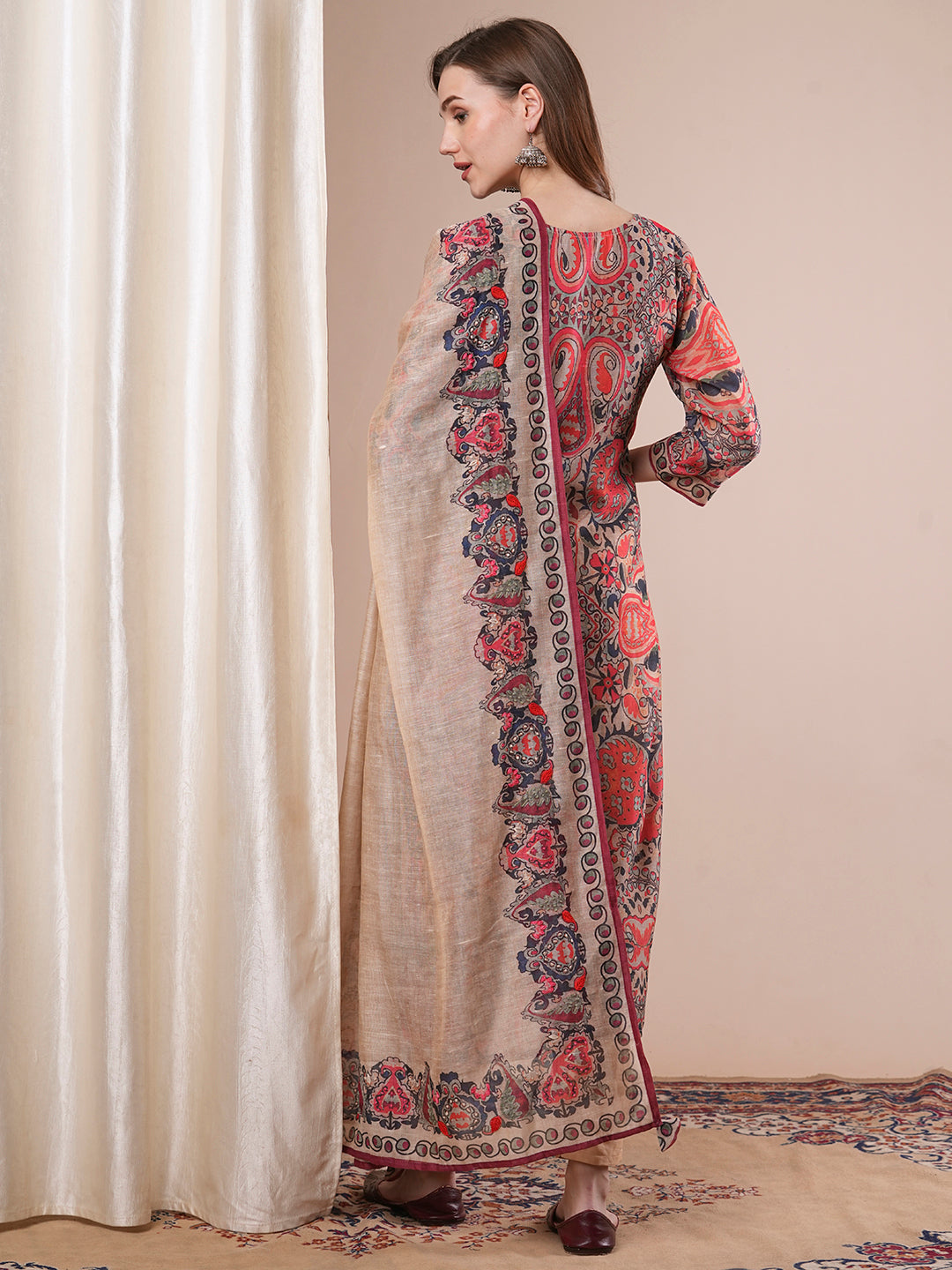 Floral Printed & Embroidered Straight Kurta with Pant & Dupatta - Multi