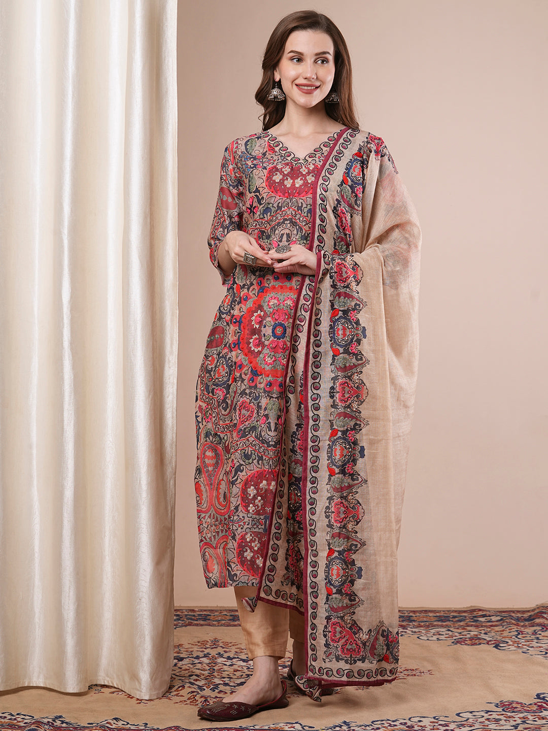 Floral Printed & Embroidered Straight Kurta with Pant & Dupatta - Multi