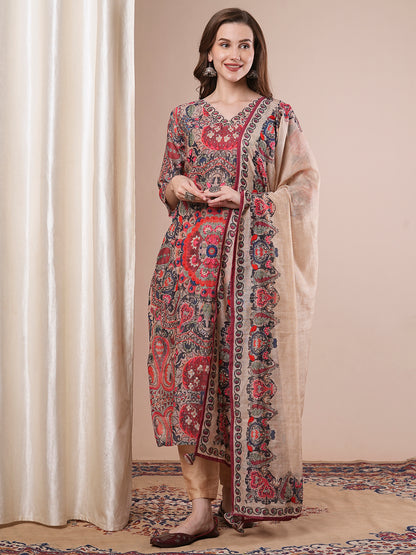 Floral Printed & Embroidered Straight Kurta with Pant & Dupatta - Multi