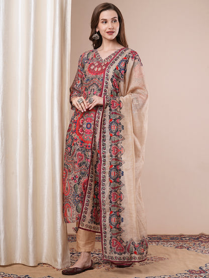 Floral Printed & Embroidered Straight Kurta with Pant & Dupatta - Multi