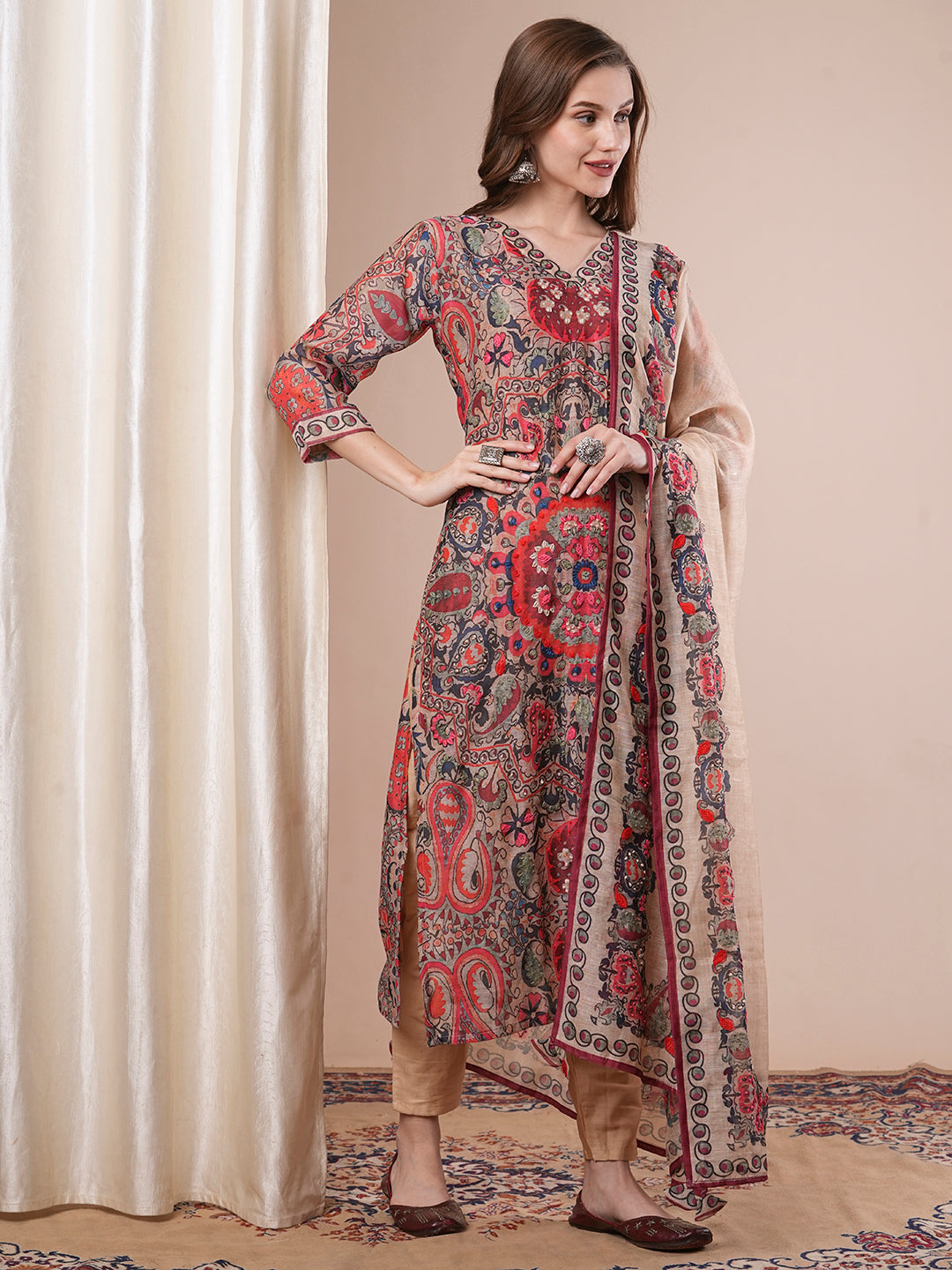 Floral Printed & Embroidered Straight Kurta with Pant & Dupatta - Multi