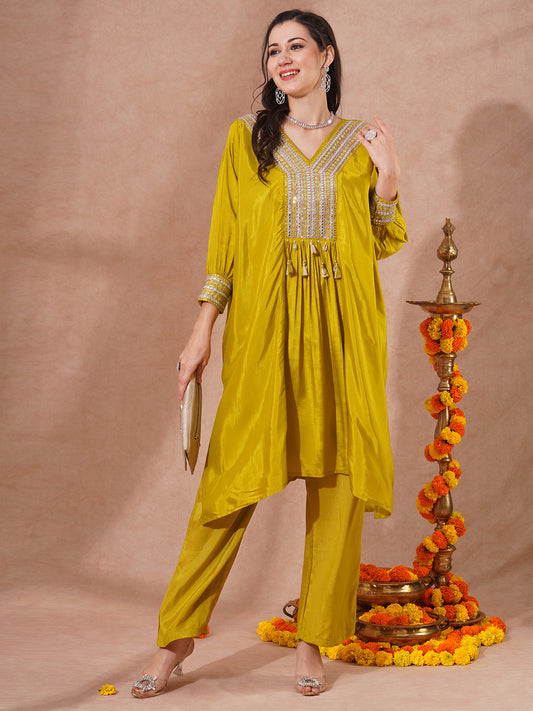 Solid Embroidered Kaftan Style Kurta with Pant - Lime Green