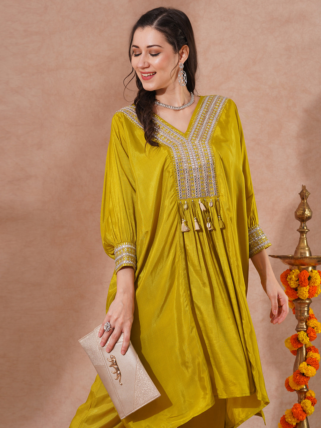 Solid Embroidered Kaftan Style Kurta with Pant - Lime Green