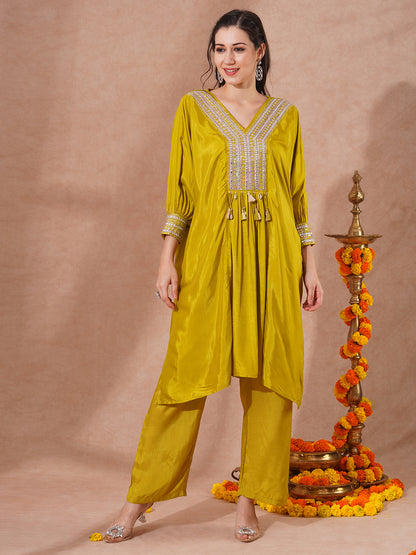 Solid Embroidered Kaftan Style Kurta with Pant - Lime Green