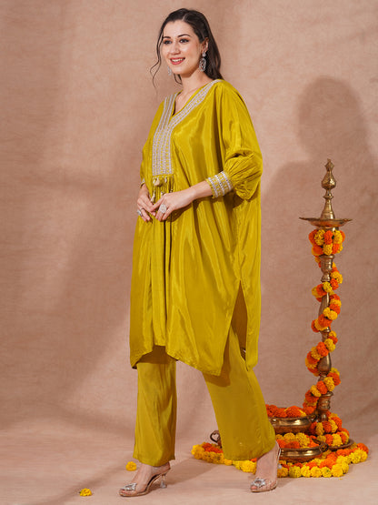 Solid Embroidered Kaftan Style Kurta with Pant - Lime Green