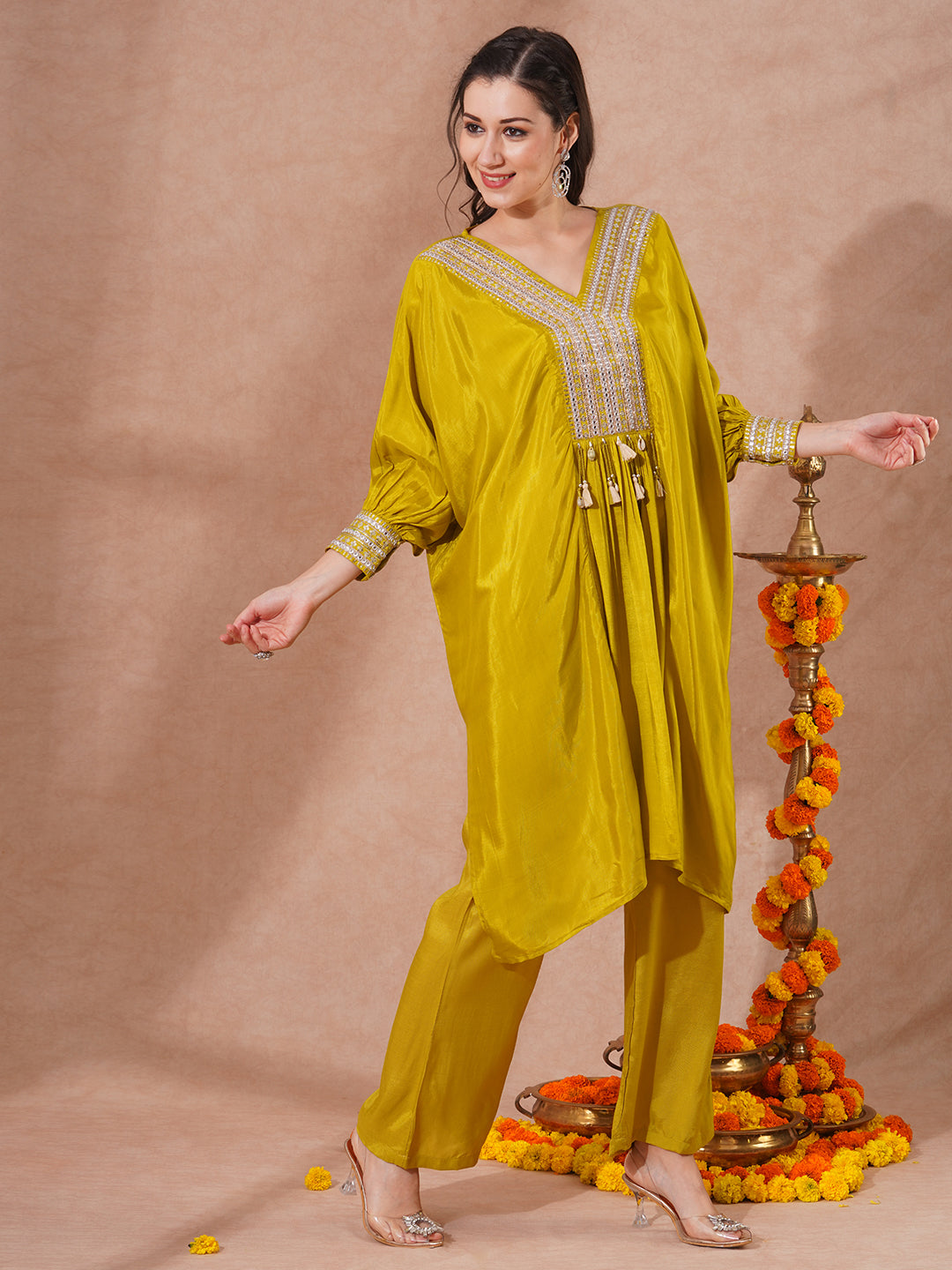 Solid Embroidered Kaftan Style Kurta with Pant - Lime Green