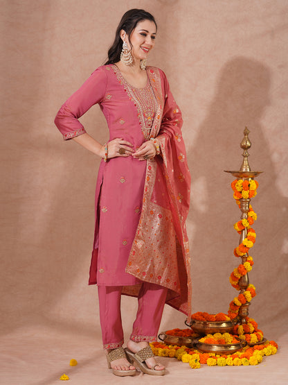 Solid Floral Embroidered Straight Fit Tissue Kurta with Pant and Dupatta - Pink