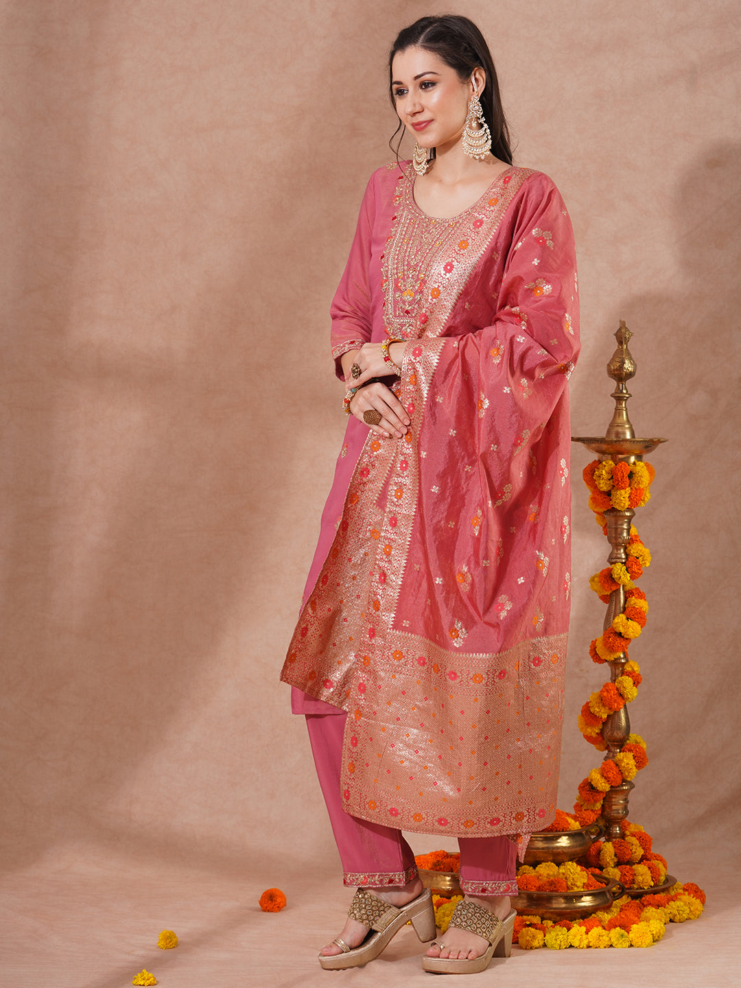 Solid Floral Embroidered Straight Fit Tissue Kurta with Pant and Dupatta - Pink