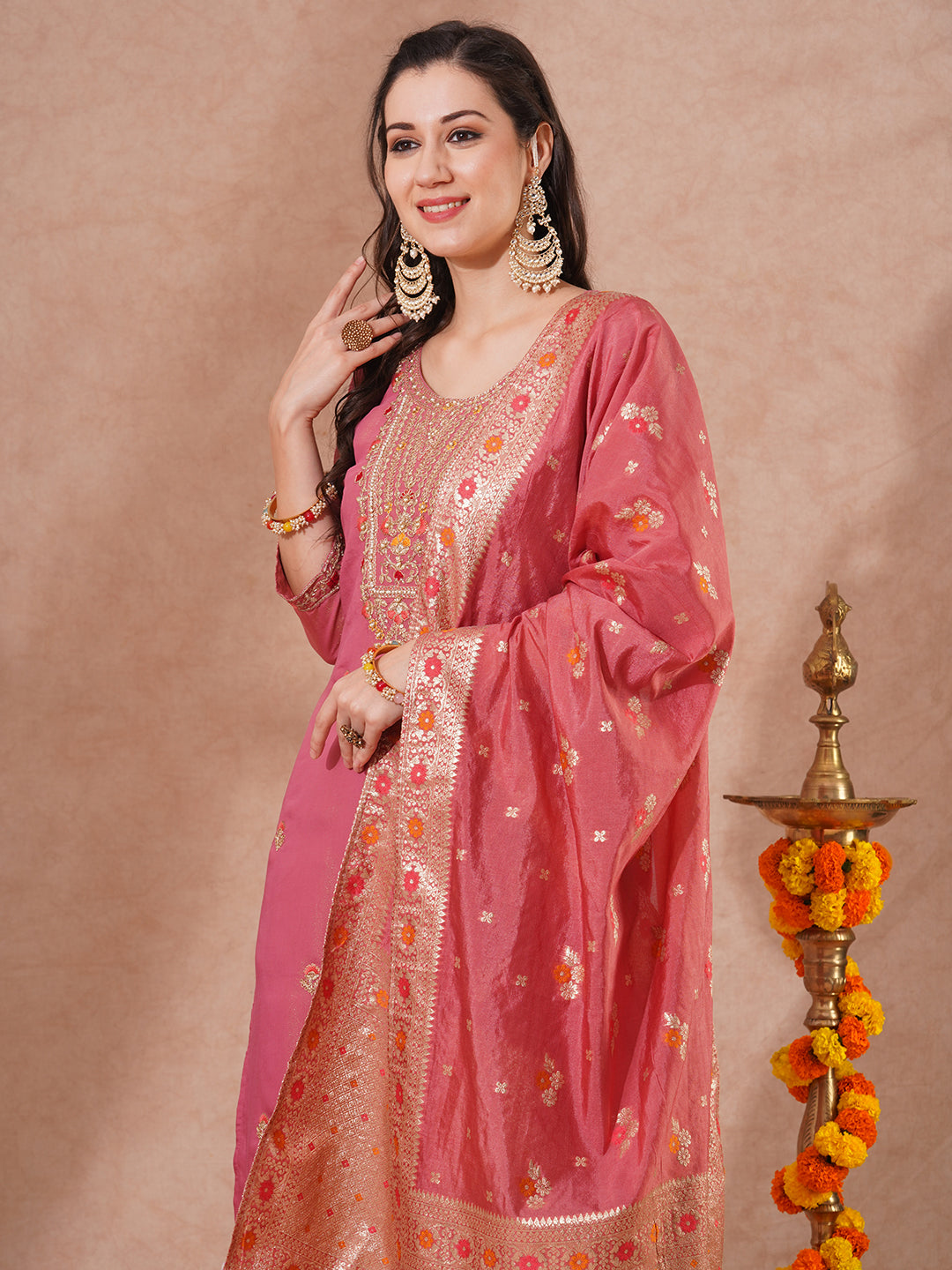 Solid Floral Embroidered Straight Fit Tissue Kurta with Pant and Dupatta - Pink