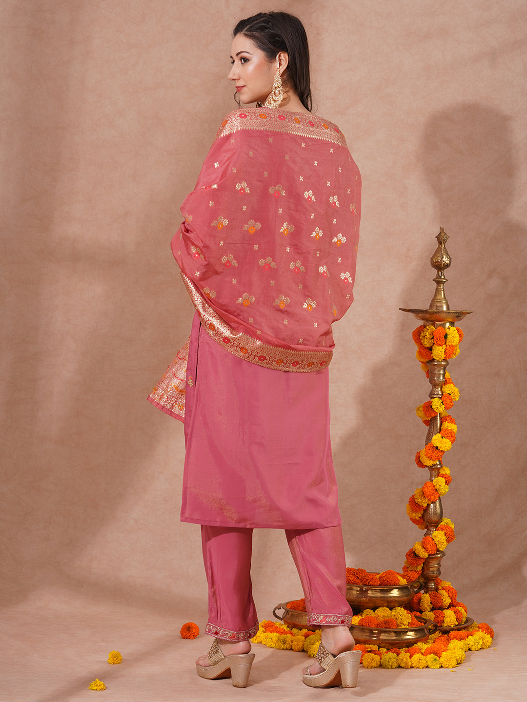 Solid Floral Embroidered Straight Fit Tissue Kurta with Pant and Dupatta - Pink