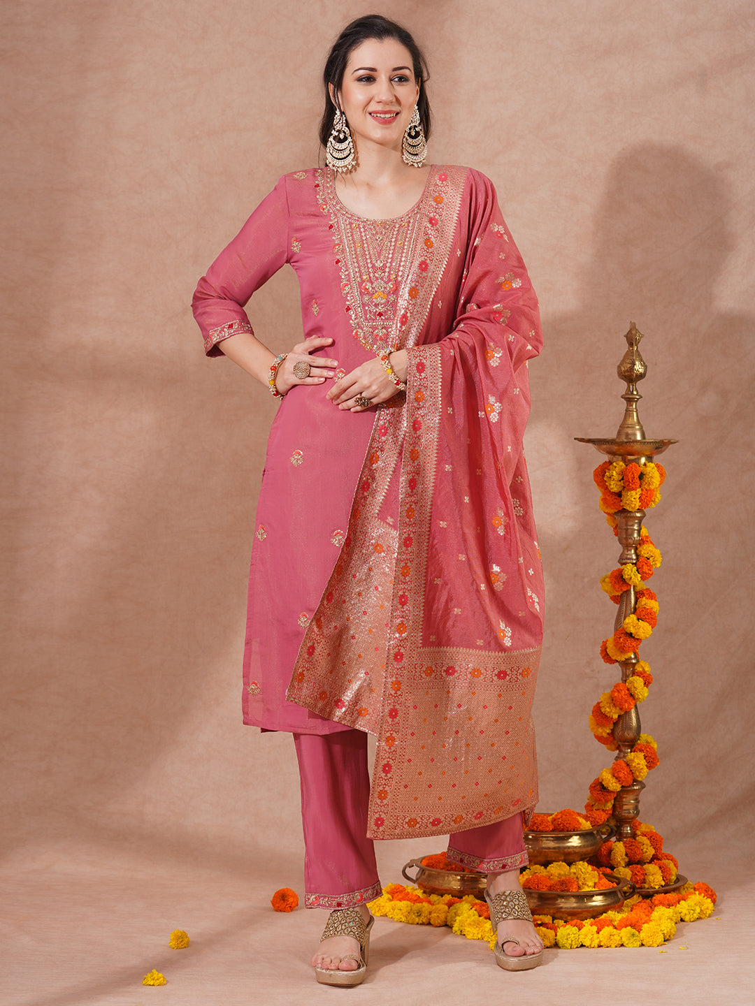 Solid Floral Embroidered Straight Fit Tissue Kurta with Pant and Dupatta - Pink